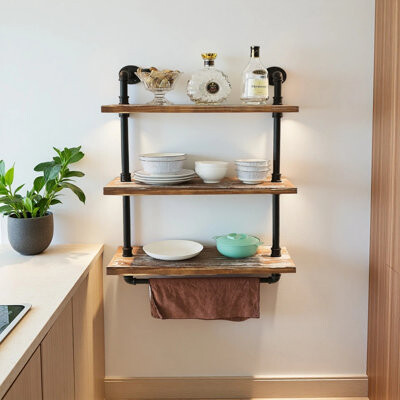 17 Stories 3 Tier Industrial Pipe Shelf Rustic Wood Floating Shelves,Wall Display Bookshelf,Storage Rack Sundries Holder For Kitchen Office Bathroom Organization