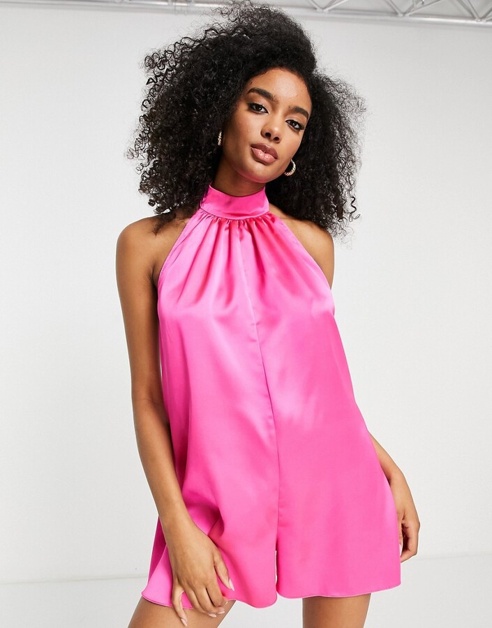 ASOS DESIGN satin halterneck playsuit in hot pink ShopStyle