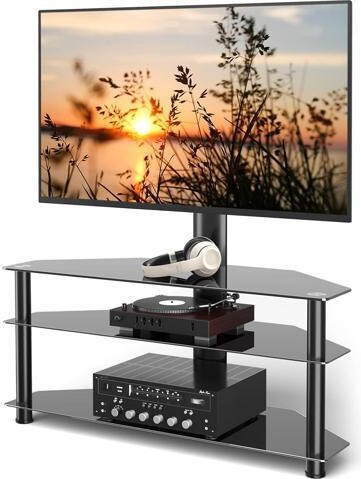RUOCLRIS 5Rcom Corner TV StandTV Stand with Mount with 3 Tier Tempered Glass Shelves for 32-75 Inch TVs, Max VESA 600X400mm, Television Stand