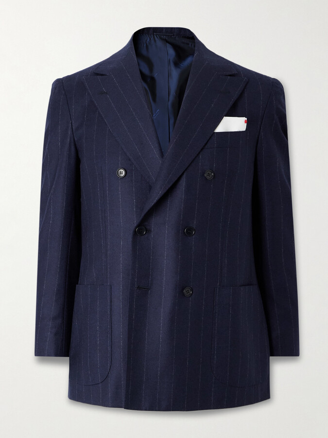 Kiton Double-Breasted Pinstriped Virgin Wool and Cashmere-Blend Flannel Suit Jacket
