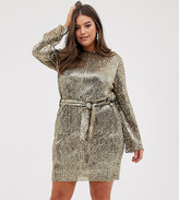 Thumbnail for your product : Club L London Plus sequin plisse belted mini dress in matt gold