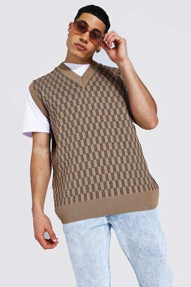 boohoo Mens Beige Knitted V Neck Oversized Checkerboard Vest, Beige