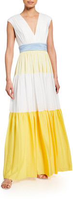 Badgley Mischka Colorblock V-Neck Tiered A-Line Maxi Dress