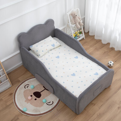 Toddler Floor Bed with Drawer and Storage Bag, Kids Bed for Girl and Boys, Standard Crib Size Portable Beds, Safety Upholstered Child Beds for 1-6 Yea