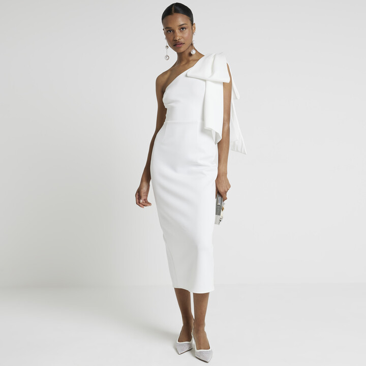River Island Womens White One Shoulder Bow Bodycon Midi Dress