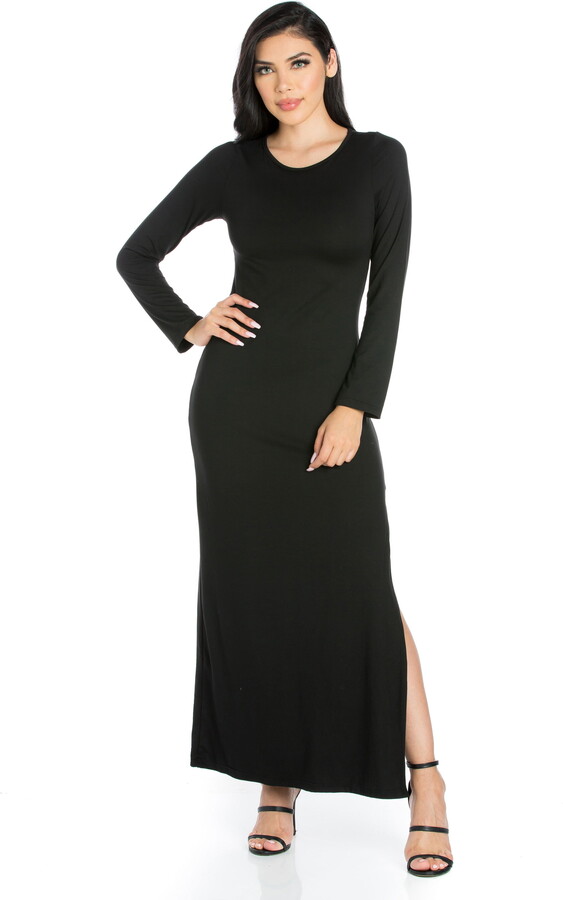 24seven Comfort Apparel Strut It Black Long Sleeve Side Slit Maxi Dress