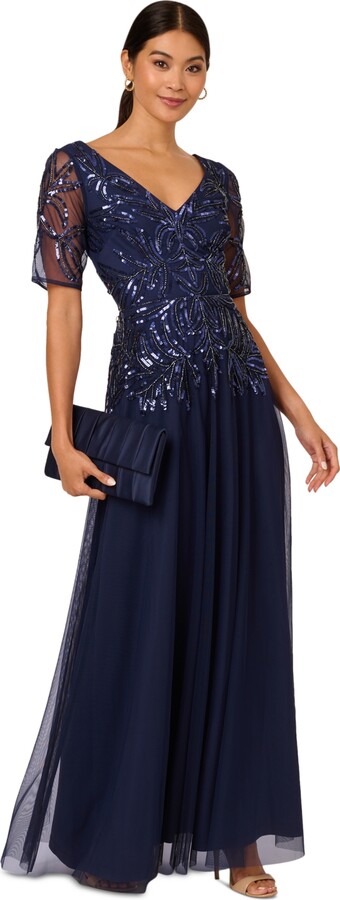 Adrianna Papell Women's Embellished Mesh V-Neck Gown
