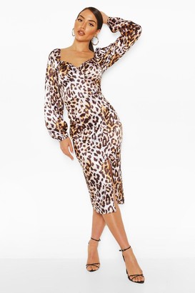 boohoo Leopard Stretch Satin Square Neck Midi Dress