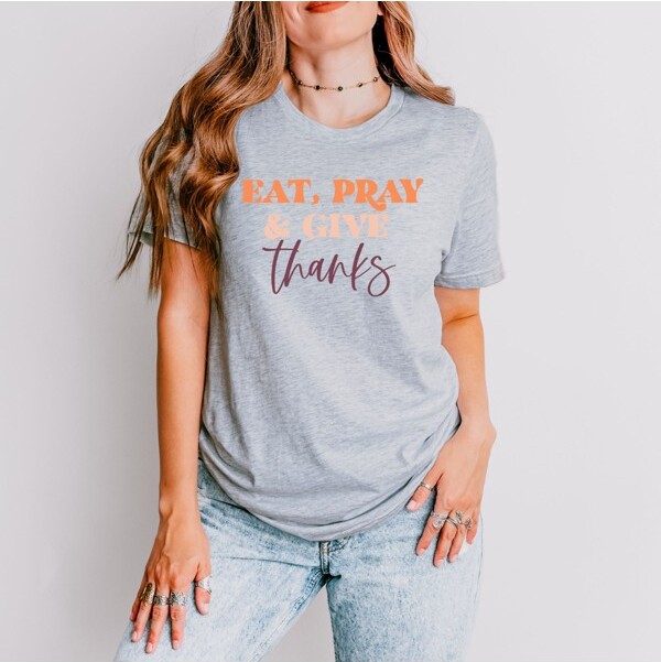 Simply Sage Market SimplySageMarketEatPrayandGiveThanksShortSleeveTee-L-HeatherGrey