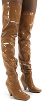 Thumbnail for your product : Public Desire Uk Conquer Camel Patent Thigh High Over The Knee Square Toe Cone Block Heeled Boots