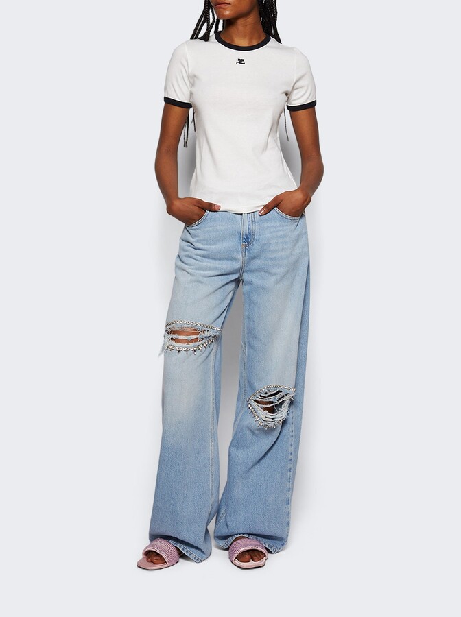 Area Distressed Crystal Relaxed Slit Jean Medium Blue