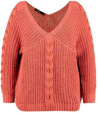 boohoo Plus Lace Up Sleeve Cable Knit Jumper