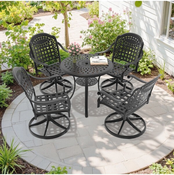 Airmis Inc 5-PieceRoundCastAluminumPatioSetwithSwivelChairs,BlueCushions,andUmbrellaHole