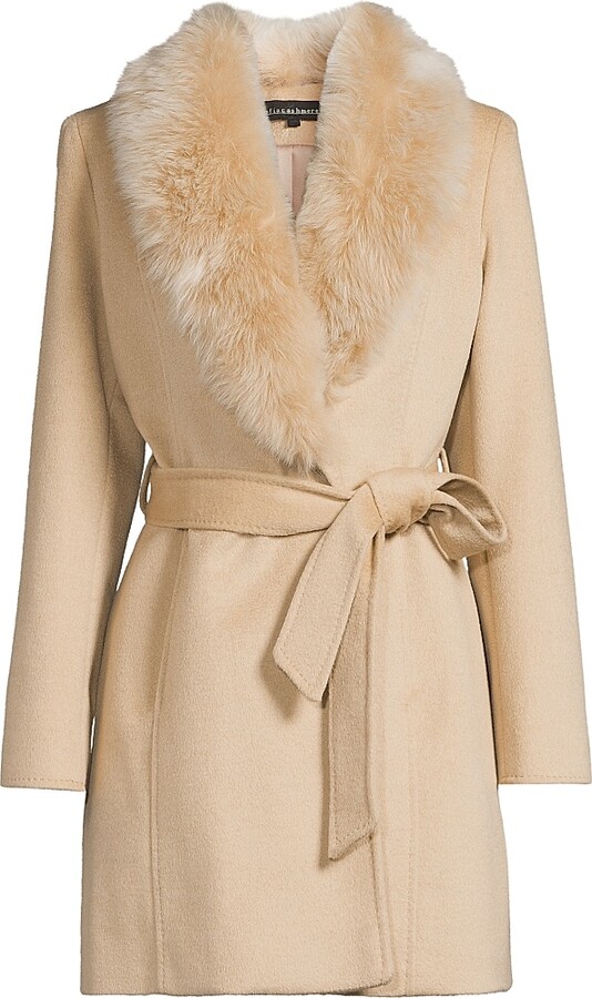 Sofia Cashmere Women's Shearling Collar Wrap Coat - Beige - Size 10
