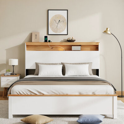 Rustic Farmhouse USB Charging Station Platform Bed with Storage Headboard & LED Lights