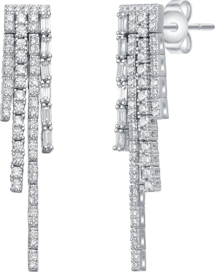 Genevive Sterling Silver White Gold Plated with White Cubic Zirconia Graduated Fringe Dangle Earrings