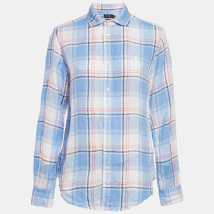 Polo Ralph Lauren Plaid Blue Linen Button Front Shirt M
