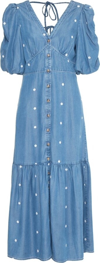Rose & Nancy Blue Mila Denim Tencel Daisy Embroidered Midi Dress