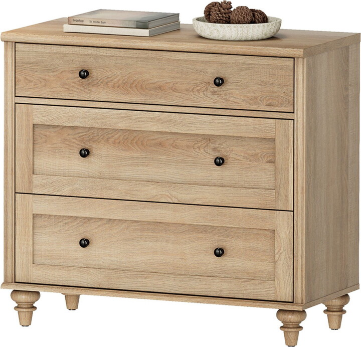 Wampat Mid Century Modern Wooden Bedroom End Table with 3 Drawers, Closet Storage Organizer, Oak
