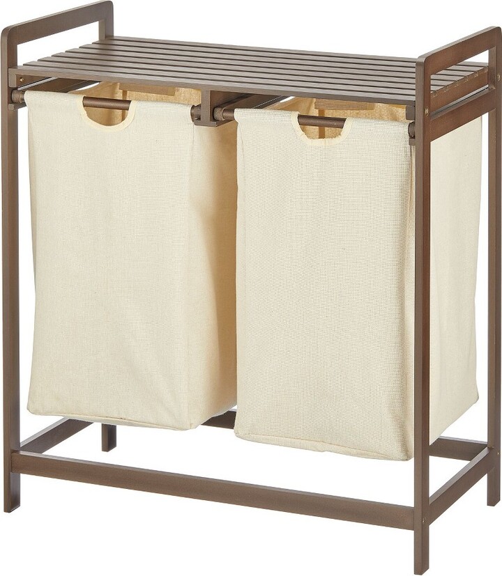 mDesign Bamboo Freestanding Double Laundry Basket Hamper Organizer