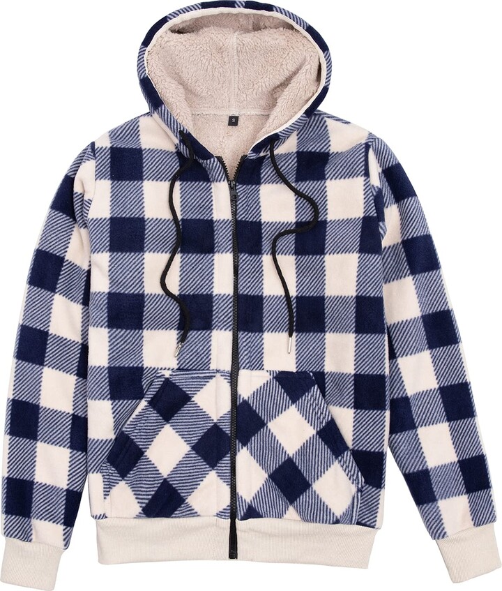Zenthace Women's Sherpa Lined Zip Up Hooded Plaid Shirt Jac Sweater ...