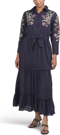 Long Sleeve Floral Embroidered Tiered Maxi Dress With Tie Belt for Women | Cotton