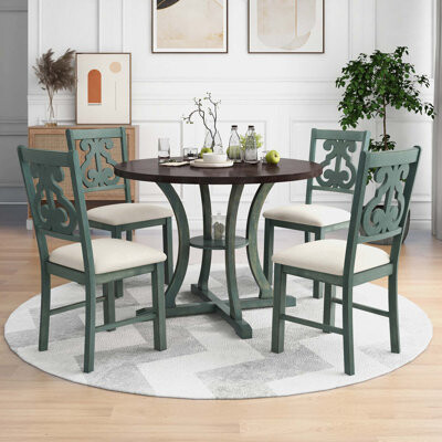 5-Piece Round Dining Table And 4 Fabric Chairs With Special-Shaped Table Legs And Storage Shelf
