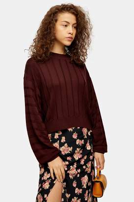 Topshop Womens Burgundy Knitted Boxy Wide Ribbed Crew Neck Jumper - Burgundy
