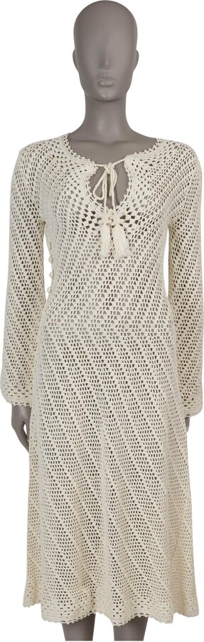 Celine Cream Cotton 2022 Tassled Crochet Midi Dress S
