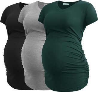 Smallshow Women's V Neck Maternity Clothes Tops Side Ruched Pregnancy T Shirt 3-Pack Army Green-Deep Grey-Wine L
