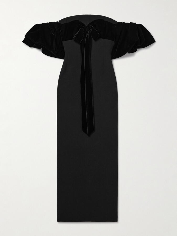 Oscar de la Renta Off-the-shoulder Velvet-trimmed Wool-blend Cady Maxi Dress - Black