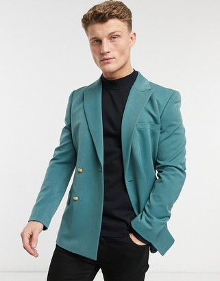 ASOS DESIGN skinny double breasted blazer with gold buttons in sea green