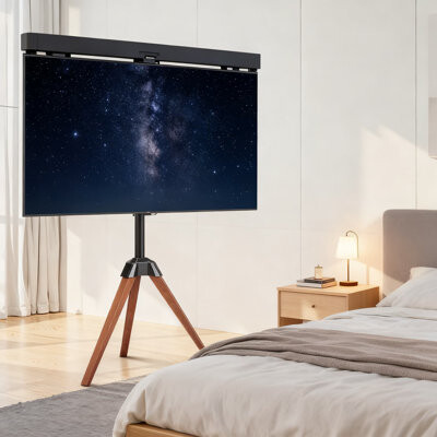 Symple Stuff Tripod TV Stand For 40-65 Inch Tvs, 99 Lbs Capacity, 18° Swivel Base With Oak Wood Legs, Universal VESA 600X400 Mm For Living Room, Bedroom, Studio