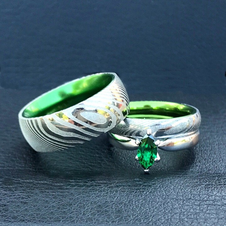 Etsy His & Her Damascus Steel Ring Set Emerald Green Marquise Wedding Band - Free Engraving