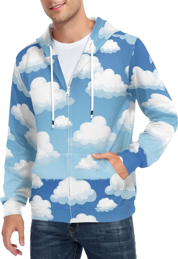 CUPADA Mens Full Zip Hoddie White Clouds Long Sleeve Casual Sweatshirt with Pocket Jacket Fall Winter Coat