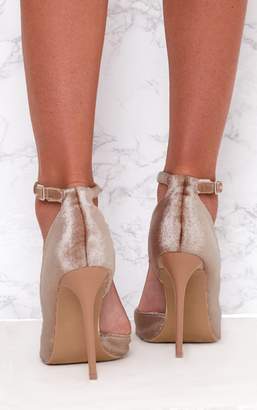 PrettyLittleThing Beige Velvet Ankle Strap Pointy Heels