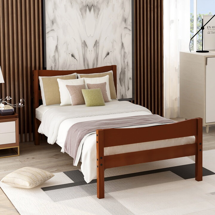 Aukfa Twin Platform Bed, Wood Bed Frame with Headboard, Walnut