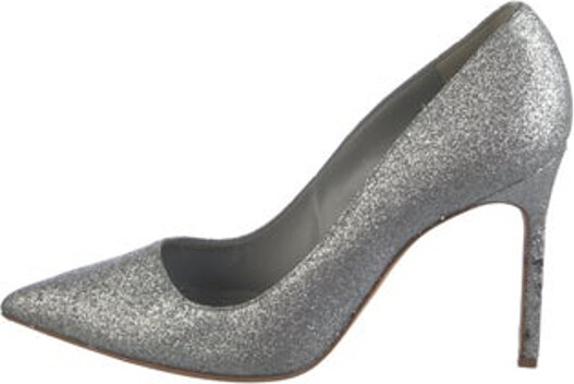 Manolo Blahnik Glitter Pumps Metallic & Silver Pointed-Toes with Glitter Accents