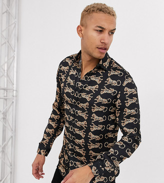 Hermano long sleeve shirt in dark navy with leopard print