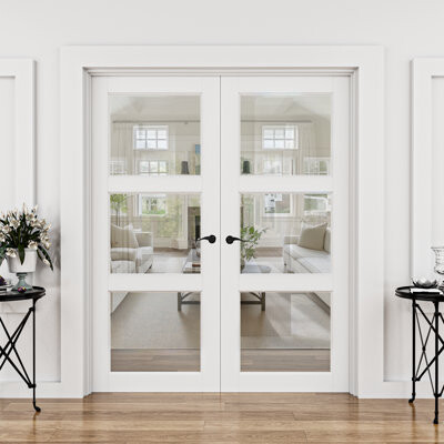 Win Stellar 80"H 3-Lite Clear Glass White Primed Interior French Doors With Hinge And Installation Hardware Kit /Handles