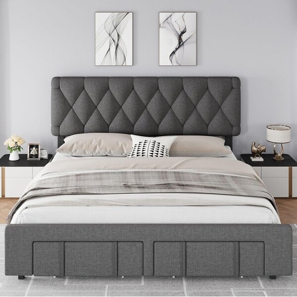 Jojoka FullSizeBedFrame,UpholsteredPlatformBedFramewithStorageDrawers,MattressFoundationwithSolidWoodenSlatsSupport,NoBoxSpringNeeded