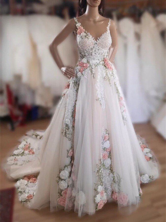 Duricve Customized 3D Floral Appliqué Bridal Wedding Dress Sleeveless V Neck Tulle A Line Dress Party Wedding Evening Formal Occasion