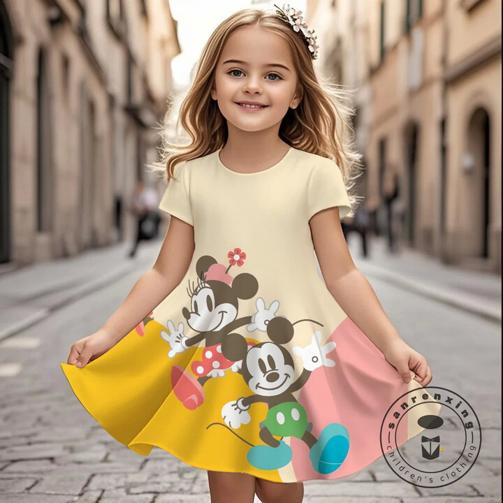 MINISO & apos;s New Summer Disney Mickey Mouse Children & apos;s Clothing 3D Printed Cartoon Short Sleeved Dress For Little Girls, Casual And