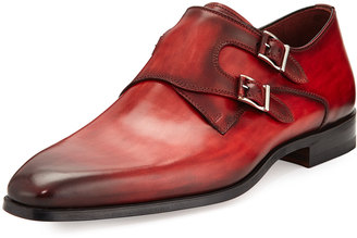 Magnanni Burnished Leather Double-Monk Shoe, Red