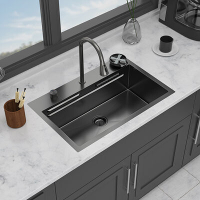 CANJUN Gunmetal Black Kitchen Sink Stainless Steel Elegant Waterfall Design And Functional Workstation - Perfect For Modern Kitchens