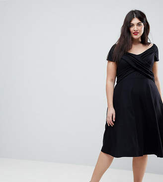 ASOS Curve CURVE Bardot Midi Skater Dress With Ruched Front