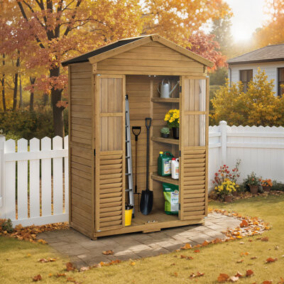 Newacme LLC Outdoor Storage Wooden Tool Shed, Waterproof Outside Storage Cabinet with Shelves and Lockable Door