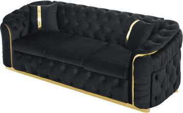 Hokku Designs Luxurious Velvet Tufted Sofa With Pillows And Ideal For Comfortable Living Room Gatherings And Relaxation.