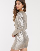 Thumbnail for your product : In The Style x Fashion Influx puff sleeve glitter metallic asymmetric mini dress in silver