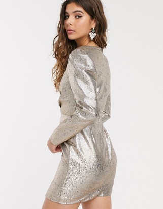 In The Style x Fashion Influx puff sleeve glitter metallic asymmetric mini dress in silver